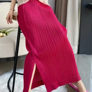 Women Pleated Maxi Skirt Blue Solid Side Split High Elastic Waist Casual Style  New Autumn Fashion