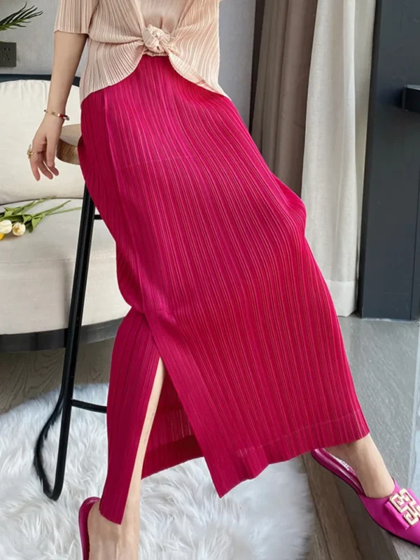 Women Pleated Maxi Skirt Blue Solid Side Split High Elastic Waist Casual Style  New Autumn Fashion