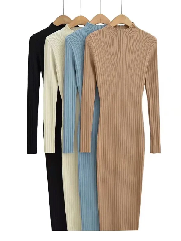 Women O-neck Long Sleeve Party Dresses Knitted 4 Colors Stretchable Slim Midi Dresses vestido feminino - Image 5