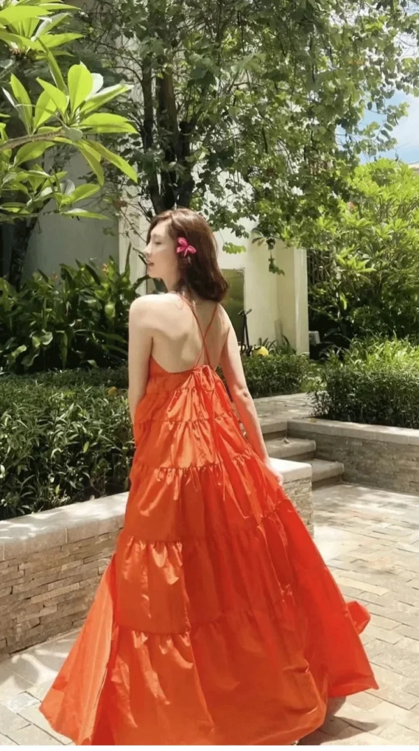 Fashion Solid Color A Line Summer Maxi Long Party Dresses Lady Cross Strap Open Back Sundresses - Image 3