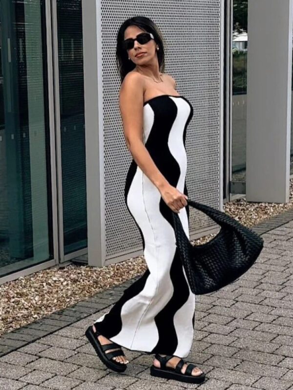 Women Sexy Strapless Wave Striped Knitted Maxi Dress - Image 6