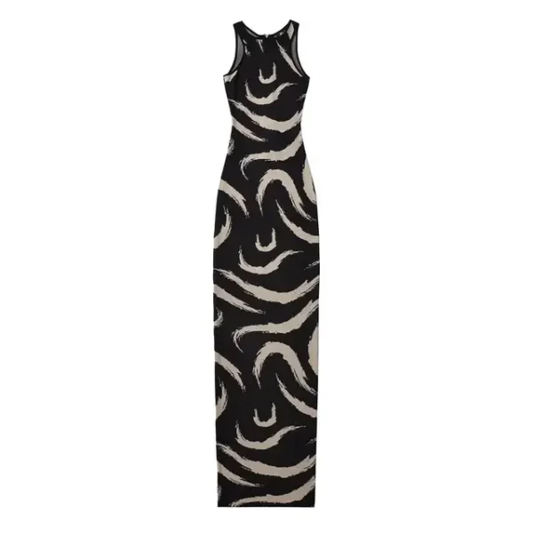 Women Elegant Abstract Maxi Dress Summer Sleeveless Knits Elastic Slim 3 Colors Long Dresses - Image 7