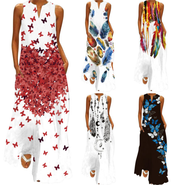 Sexy Printed V-Neck Sleeveless Maxi Dress with Pocket Dress