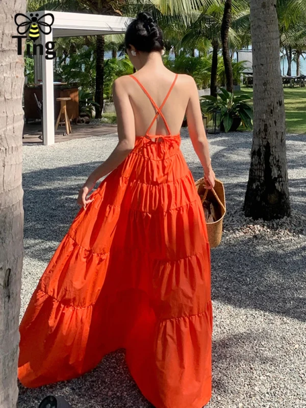 Fashion Solid Color A Line Summer Maxi Long Party Dresses Lady Cross Strap Open Back Sundresses - Image 5