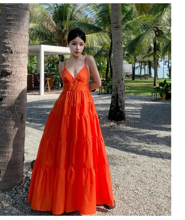 Fashion Solid Color A Line Summer Maxi Long Party Dresses Lady Cross Strap Open Back Sundresses - Image 4