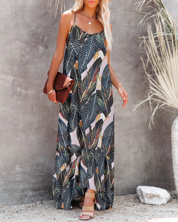 Printed Resort Ruffle Sling Maxi Dress Ladies Over Knee Maxi Dress - Image 4