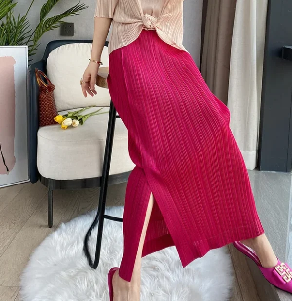 Women Pleated Maxi Skirt Blue Solid Side Split High Elastic Waist Casual Style  New Autumn Fashion - Image 7