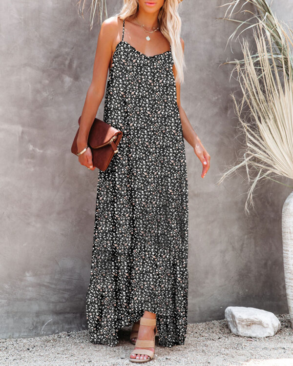 Printed Resort Ruffle Sling Maxi Dress Ladies Over Knee Maxi Dress - Image 3