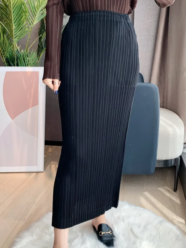 Women Pleated Maxi Skirt Blue Solid Side Split High Elastic Waist Casual Style  New Autumn Fashion - Image 3