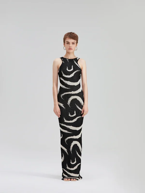 Women Elegant Abstract Maxi Dress Summer Sleeveless Knits Elastic Slim 3 Colors Long Dresses