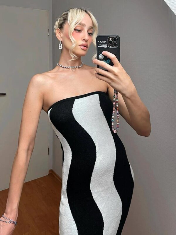 Women Sexy Strapless Wave Striped Knitted Maxi Dress - Image 2