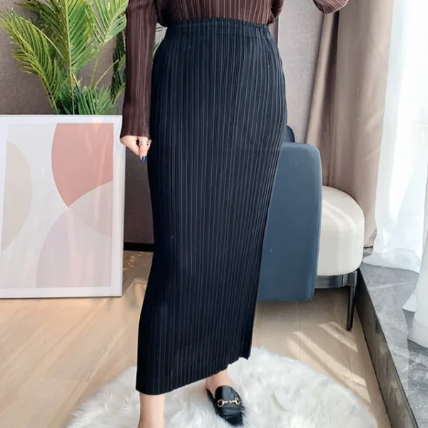 Women Pleated Maxi Skirt Blue Solid Side Split High Elastic Waist Casual Style  New Autumn Fashion - Image 5