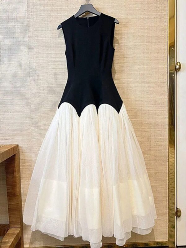 Spliced Dress Contrast Color Sleeveless O-neck A Line Maxi Dresses - Image 3