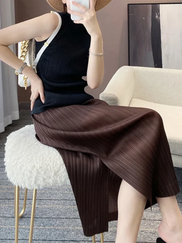 Women Pleated Maxi Skirt Blue Solid Side Split High Elastic Waist Casual Style  New Autumn Fashion - Image 4