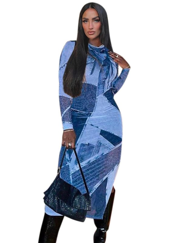 Summer Blue Denim Print Long Sleeve Maxi Dresses - Image 7