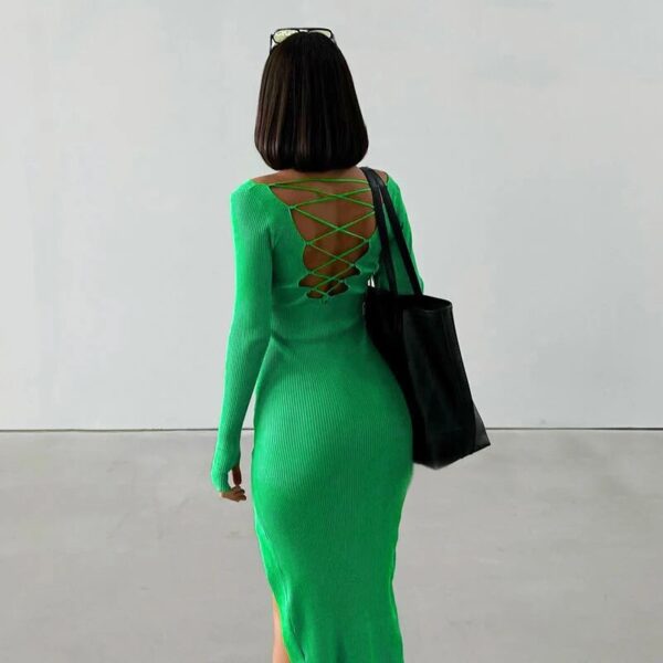 Ribbed Bodycon Long Dress Women Elegant High Split Party Dresses - Image 5