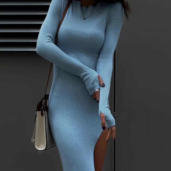 Ribbed Bodycon Long Dress Women Elegant High Split Party Dresses - Image 6