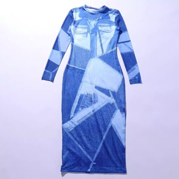 Summer Blue Denim Print Long Sleeve Maxi Dresses - Image 8