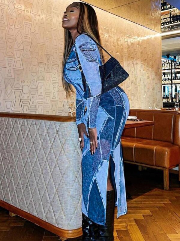 Summer Blue Denim Print Long Sleeve Maxi Dresses - Image 5