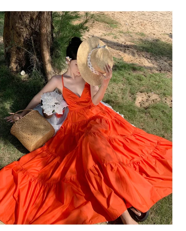 Fashion Solid Color A Line Summer Maxi Long Party Dresses Lady Cross Strap Open Back Sundresses - Image 6