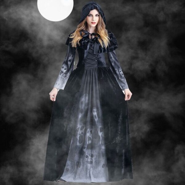 Women Halloween Cosplay Costume Vintage Witch Long Sleeve Maxi Dress - Image 7