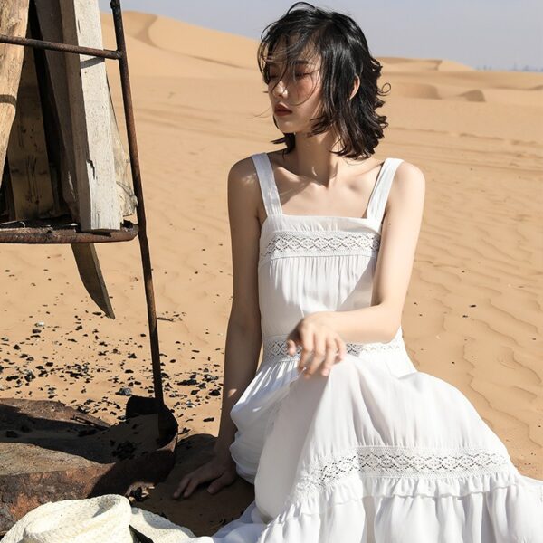 Solid White Color Bohemian Lace Patchwork Casual Maxi Long Dress - Image 2
