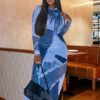Summer Blue Denim Print Long Sleeve Maxi Dresses - Image 2