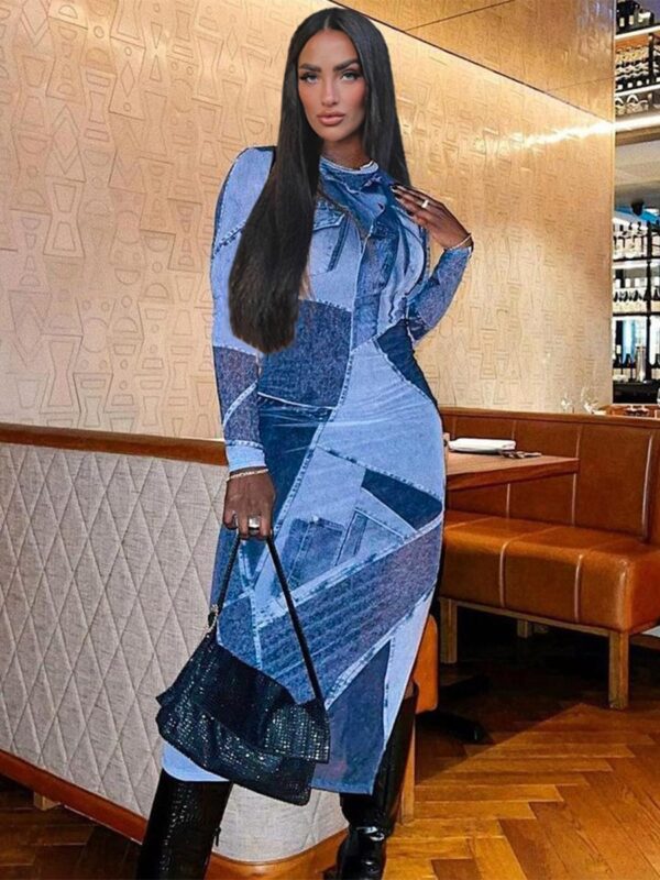Summer Blue Denim Print Long Sleeve Maxi Dresses - Image 2