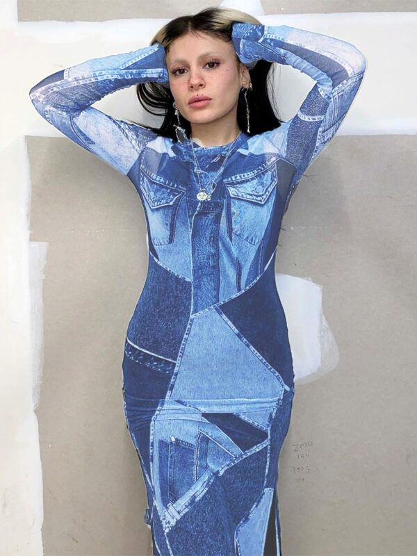 Summer Blue Denim Print Long Sleeve Maxi Dresses - Image 6
