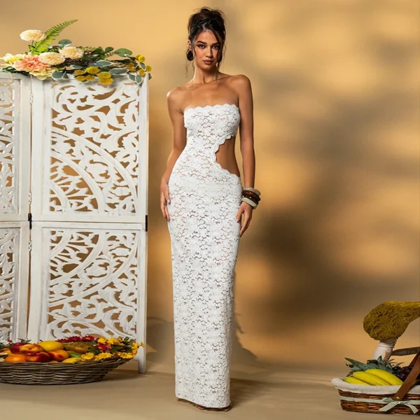 CUTENOVA Women'S Solid Color Sleeveless Backless Lace Hollow Out Slightly Transparent Strapless Lace Slim Temperament Long Dress