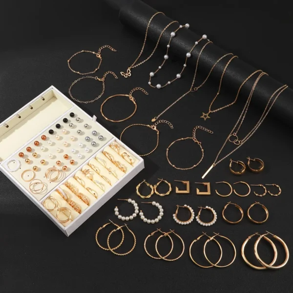 92Pcs Women's Fashion Jewelry Set Contain Hoop Earrings、Stud Earrings、Bracelet、Necklace and Ring，Versatile Daily Jewelry - Image 3