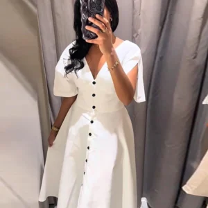 Elegant White Long Dress Women Short Sleeve V-Neck Button High Waist Slim A-line Dresses 2025 Summer Lady High Street Robes New
