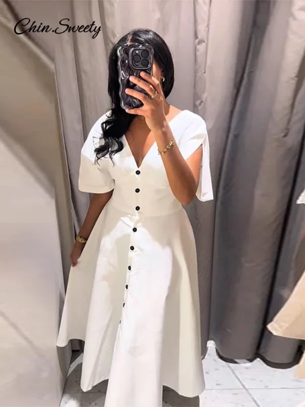 Elegant White Long Dress Women Short Sleeve V-Neck Button High Waist Slim A-line Dresses 2025 Summer Lady High Street Robes New