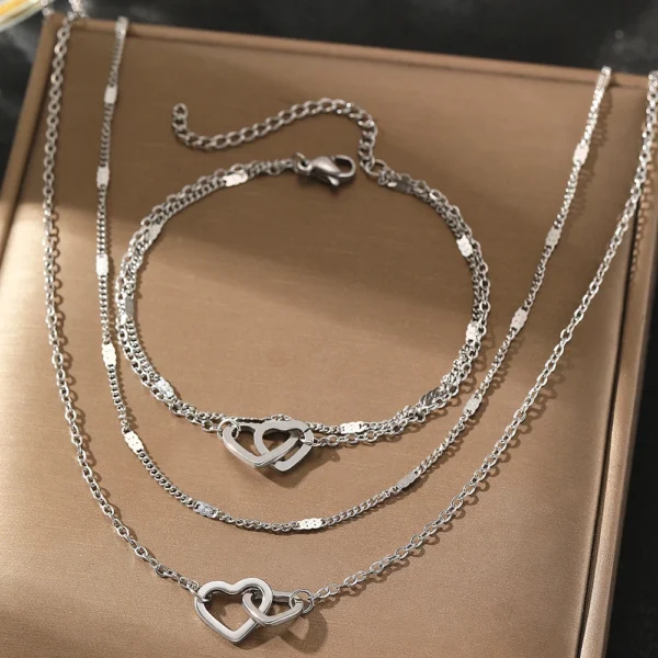 Stainless Steel Jewelry Sets High-end Atmosphere Love Bracelet Love Necklace Double Chain Design Jewelry Sets For Women Jewelry - Image 2