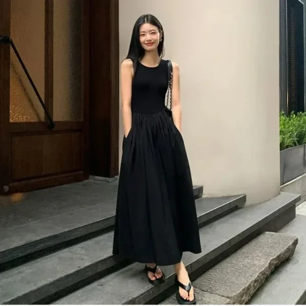TKNOLEGE Summer New Round Neck SleevelessHigh Waist Temperament Female Fashion Style Dress Simple Elegant Black Long Dresses - Image 2