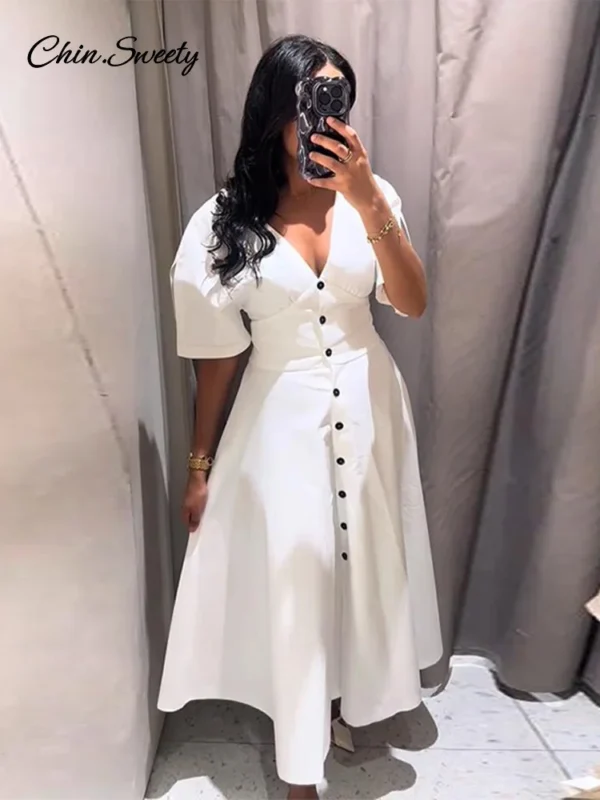 Elegant White Long Dress Women Short Sleeve V-Neck Button High Waist Slim A-line Dresses 2025 Summer Lady High Street Robes New - Image 2