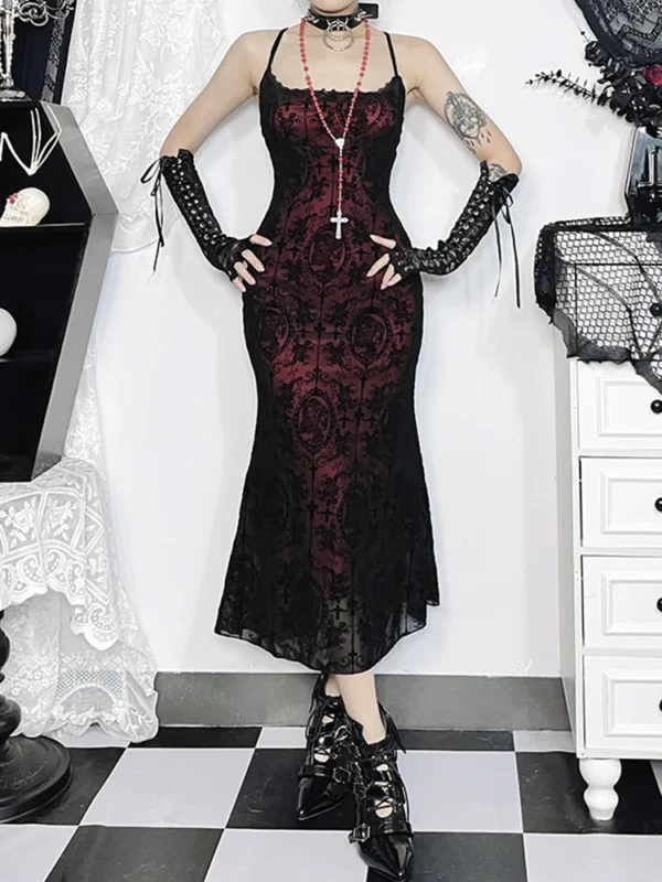 AltGoth Vintage Elegant Goth Dress Women Sexy Streetwear Fairy Grunge Aesthetic Cross Pattern Spaghetti Strap Party Dress Female - Image 2