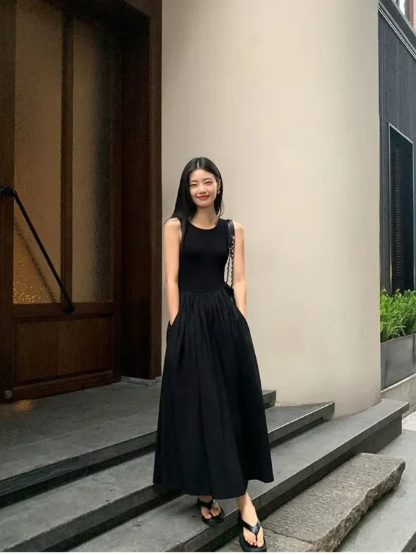 TKNOLEGE Summer New Round Neck SleevelessHigh Waist Temperament Female Fashion Style Dress Simple Elegant Black Long Dresses - Image 7