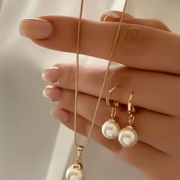 3 Pcs Round Pearl Jewelry Set Of Earring Pendant Necklace For Women Exquisite Fashion Rhinestone Double Wedding Jewelry Set Gift - Image 7