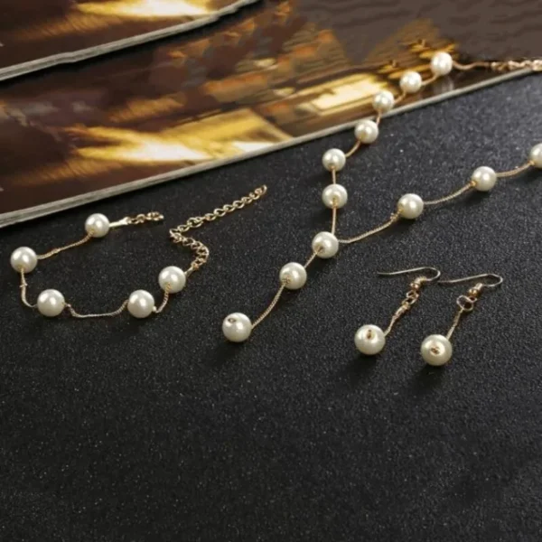 4pcs Gold-color Necklace Earring Bracelet Set Ladies Elegant Imitation-Pearls Collection Temperament Tassel Jewelry - Image 2