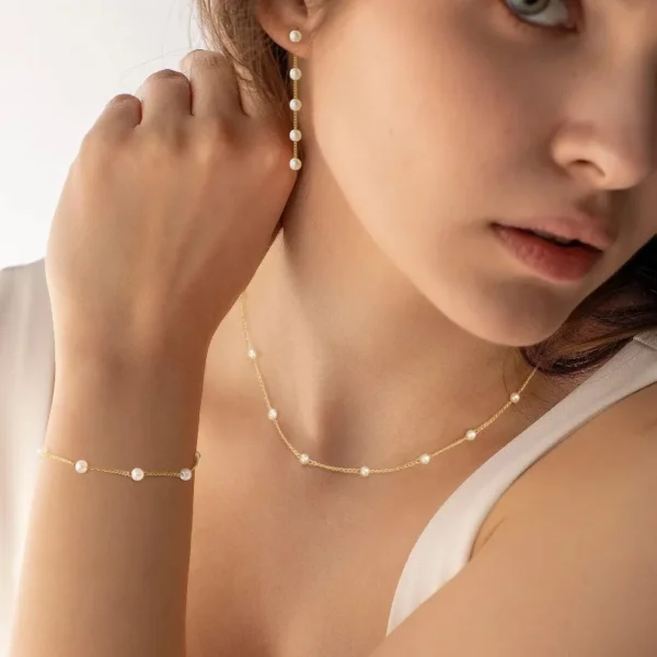 Gold Jewelry Set for Women, Dainty 14K Gold/Silver Plated Pearl Necklace and Earring Set with Drop Earrings Bracelets Necklace - Image 2