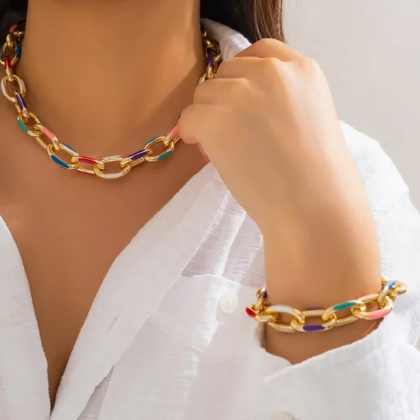 2Pcs/Set Colorful Bohemian Fashion Choker Necklace Bracelet Jewelry Set Classic Cross Chain Accessories for Women Gift Party - Image 2