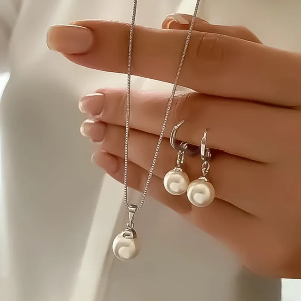 3 Pcs Round Pearl Jewelry Set Of Earring Pendant Necklace For Women Exquisite Fashion Rhinestone Double Wedding Jewelry Set Gift - Image 4