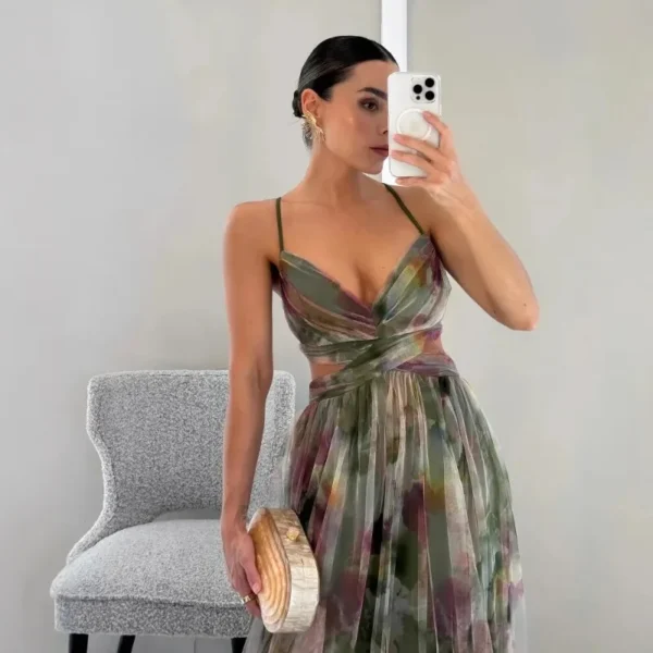 Sexy Hollow Out Party Dress, Women Summer Loungewear Fashion Printing Maxi Dress, Sleeveless Lace-Up Ladies Dress Vestido - Image 4