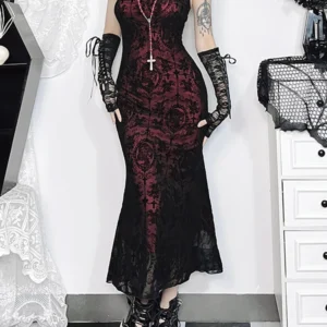 AltGoth Vintage Elegant Goth Dress Women Sexy Streetwear Fairy Grunge Aesthetic Cross Pattern Spaghetti Strap Party Dress Female