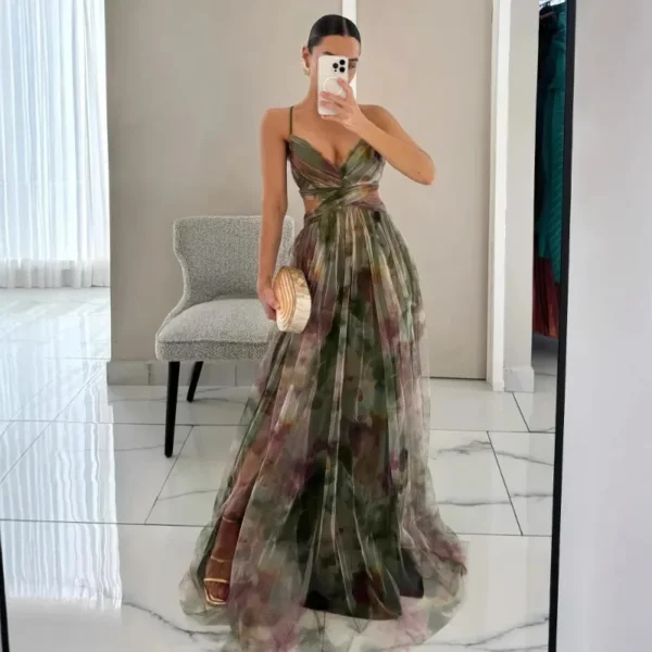 Sexy Hollow Out Party Dress, Women Summer Loungewear Fashion Printing Maxi Dress, Sleeveless Lace-Up Ladies Dress Vestido - Image 2