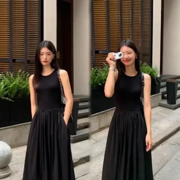 TKNOLEGE Summer New Round Neck SleevelessHigh Waist Temperament Female Fashion Style Dress Simple Elegant Black Long Dresses - Image 6