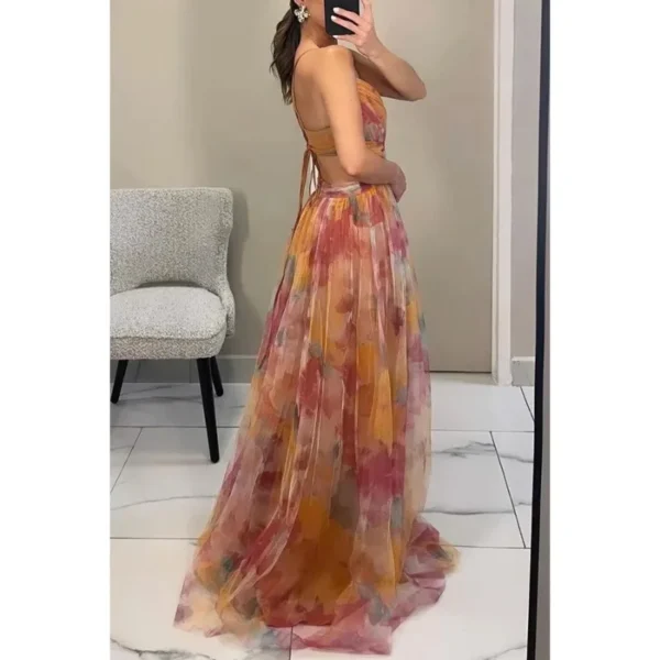 Sexy Hollow Out Party Dress, Women Summer Loungewear Fashion Printing Maxi Dress, Sleeveless Lace-Up Ladies Dress Vestido - Image 5