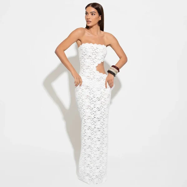 CUTENOVA Women'S Solid Color Sleeveless Backless Lace Hollow Out Slightly Transparent Strapless Lace Slim Temperament Long Dress - Image 4