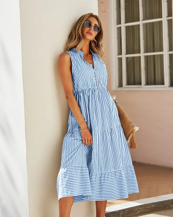 Striped Shirt Dress Women Sleeveless V-Neck Long Dresses Summer Casual Buttons A-Line Beach Holiday Dresses Female Clothing - Image 3